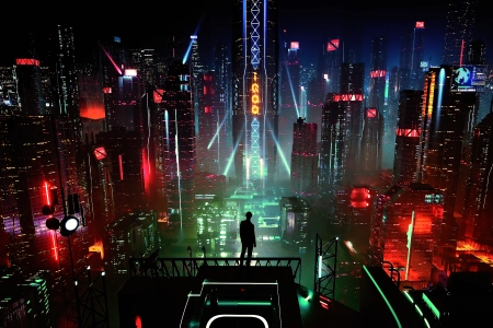 赛博朋克 未来主义 奇幻艺术 城市景观 未来城市 男人 夜晚 电脑壁纸 4K壁纸 3840x2160
