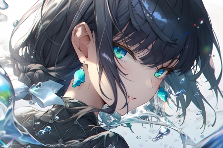 艺术 水 动漫女孩 耳环 领结 水滴 腮红 AI艺术  4K壁纸 4798x2392