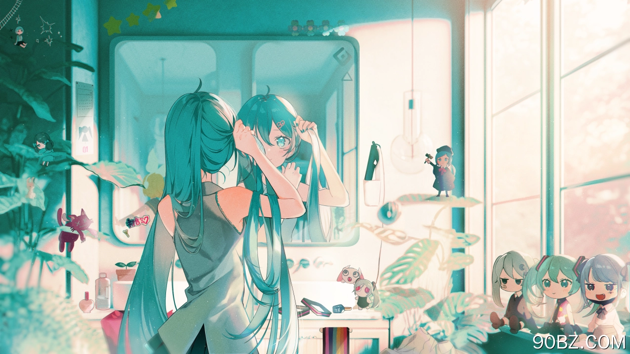 长发 蓝头发 蓝眼睛 初音 动漫 小提琴 女孩 双尾 镜子 倒影 窗户 阳光 4K壁纸