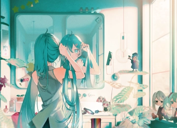 长发 蓝头发 蓝眼睛 初音 动漫 小提琴 女孩 双尾 镜子 倒影 窗户 阳光 4K壁纸  3840x2160