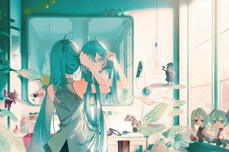 长发 蓝头发 蓝眼睛 初音 动漫 小提琴 女孩 双尾 镜子 倒影 窗户 阳光 4K壁纸 3840x2160