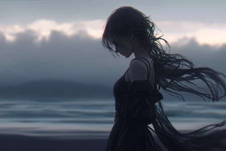 暗色 女孩 长发 黑色 裙子 白云 海边 侧脸 4K壁纸 3840x2160