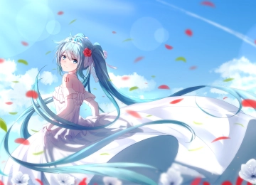 蓝头发 长发 蓝眼睛 初音 小提琴 动漫 女孩 双尾 连衣裙 白色  电脑壁纸 4K壁纸  6115x3760