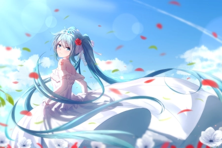 蓝头发 长发 蓝眼睛 初音 小提琴 动漫 女孩 双尾 连衣裙 白色  电脑壁纸 4K壁纸 6115x3760