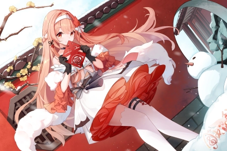 千泽智 长发 动漫 女孩 连衣裙 雪 雪人  电脑壁纸 4K壁纸 3840x2160