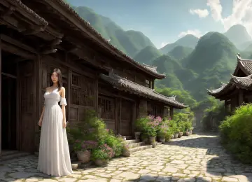 村庄 艺术 鲜花 山脉 白色连衣裙 4K壁纸  3840x2160