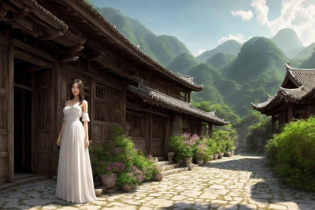 村庄 艺术 鲜花 山脉 白色连衣裙 4K壁纸 3840x2160