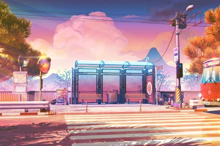 公交车站 交通镜 天空 长凳 人行横道 树木 山脉 数字 艺术 电线 4K壁纸 3840x2160