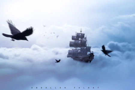 海盗船 船 奇幻鸟 奇幻船 云 帆船 骷髅 乌鸦 电脑壁纸 4K壁纸 5000x3000