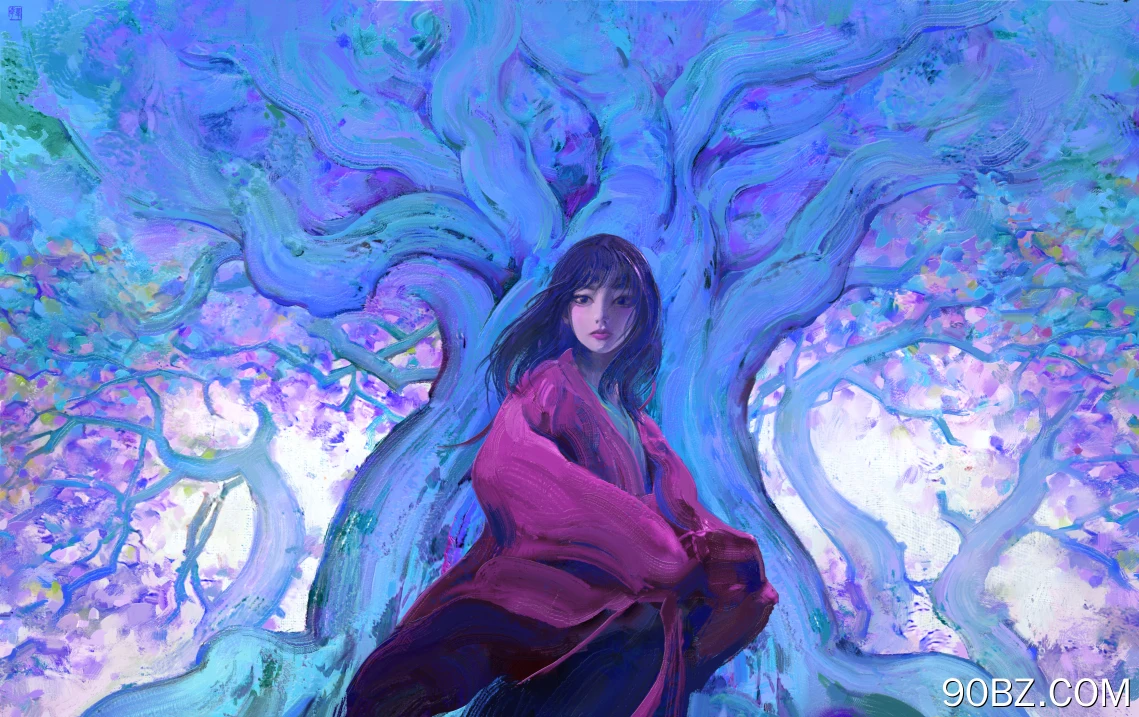 女人 黑发 数码艺术 插图 绘画 蓝色 森林 树木 4K壁纸