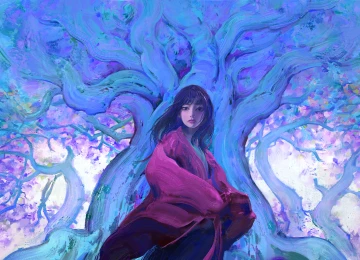 女人 黑发 数码艺术 插图 绘画 蓝色 森林 树木 4K壁纸  3840x2418
