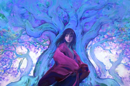 女人 黑发 数码艺术 插图 绘画 蓝色 森林 树木 4K壁纸 3840x2418