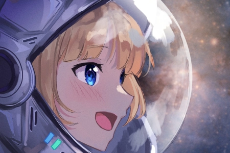 微笑 蓝眼睛 金发 日间艺术 动漫女孩 全息 华生阿米莉亚 宇航服  电脑壁纸 4K壁纸 4096x3558