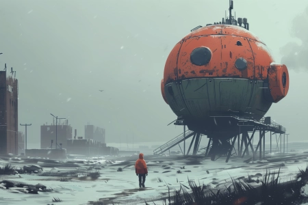 AI艺术 插图 塔 雪 冬天 橙色 雾 电脑壁纸 4K壁纸 5824x3264