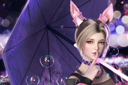 女人 金发 短发 蓝眼睛 发饰 粉色 雨伞 肖像 泡泡 项链 4K壁纸 3840x2244