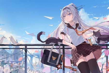 游戏CG 角色 长发 女学生 马尾辫 鲜花 女孩 动漫 校服 猫 袜子 鸟 纸飞机 纸 星星眼 动物 天空 云 4K壁纸 4864x2592