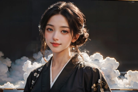 女人 看着观众 微笑 发髻 亚洲 黑色服装 AI艺术 黑发 电脑壁纸 4K壁纸 3840x2176