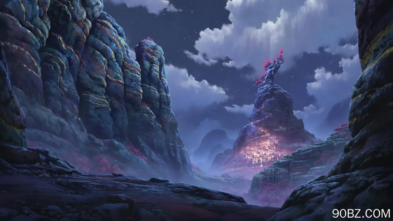 AI艺术 插图 风景 夜景 云 岩层 星星 城镇 山脉 4K壁纸
