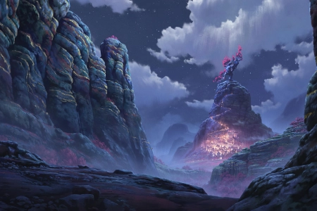 AI艺术 插图 风景 夜景 云 岩层 星星 城镇 山脉 4K壁纸 3840x2160