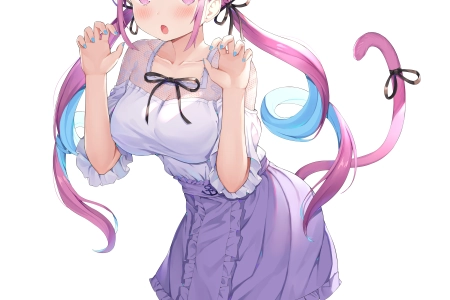 猫女孩 跪着 五颜六色 头发 动漫 女孩 AI艺术 虚拟 兽耳 尾巴 紫色眼睛 双尾 腮红 手机壁纸 4K壁纸 4400x5586