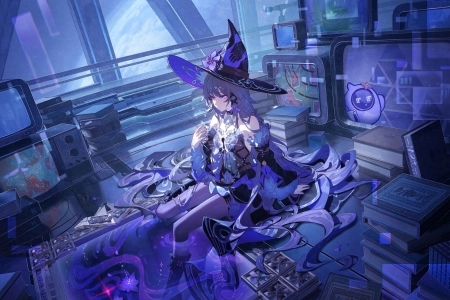室内 女性 坐着 长发 地板 彩绘指甲 动漫 女孩 书籍 女巫帽 电视 紫色眼睛 钥匙 紫色指甲 4K壁纸 4006x2666