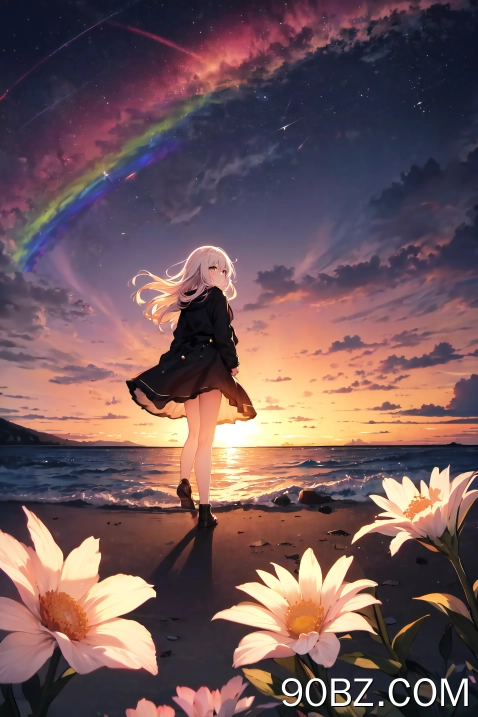 行走 长发 侧写 动漫 女孩 鲜花 夕阳辉光 日落 海滩 彩虹 天空 云 水 波浪 树叶 阳光 手机壁纸 4K壁纸
