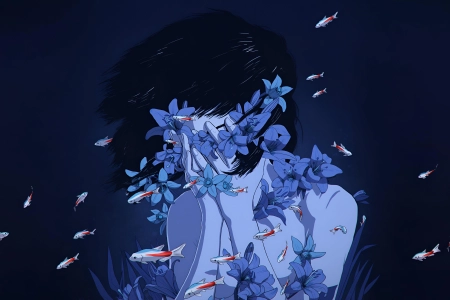 黑发 蓝色 锦葵鱼 鱼 动漫 动漫女孩 花朵 完美  艺术品 深色背景 水中 水里 游泳 4K壁纸 3840x2400