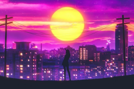 风景 紫色天空 落日 城市景观 夜晚 城市 灯光 太阳 AI艺术 插图 剪影 4K壁纸 5120x2880