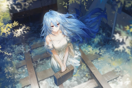 蓝头发 红眼睛 衣服 铁路 手提箱 动漫 动漫女孩 4K壁纸 6653x3240