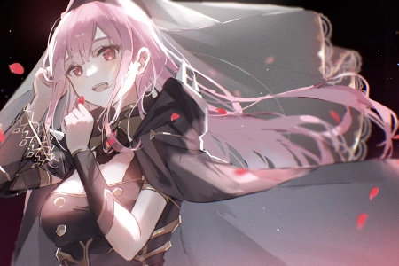 动漫 动漫女孩 婚纱 头纱 花瓣 深色背景 白色头发 红色眼睛 4K壁纸 3908x2276