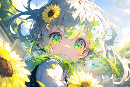 微笑 长发 渐变头发 孩子 向日葵  电脑壁纸 4K壁纸 5824x3264