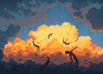 方佩云梦多角色鱼影橙云浮景数字艺术幻想插画飞天人物  3840x2160