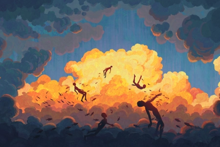 方佩云梦多角色鱼影橙云浮景数字艺术幻想插画飞天人物 3840x2160
