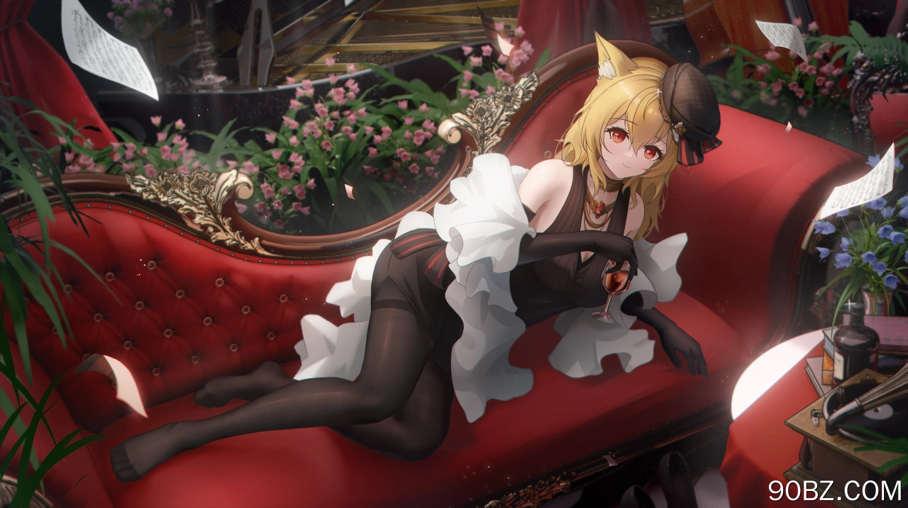 狐狸耳朵 狐耳 红眼睛 金发 动漫 女孩 黑色裤袜 连裤袜 明日方舟 狐狸女孩 狐女 葡萄酒 酒杯 帽子 纸 花 沙发 4K壁纸