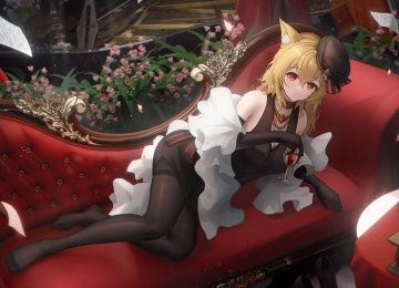狐狸耳朵 狐耳 红眼睛 金发 动漫 女孩 黑色裤袜 连裤袜 明日方舟 狐狸女孩 狐女 葡萄酒 酒杯 帽子 纸 花 沙发 4K壁纸  5000x2800