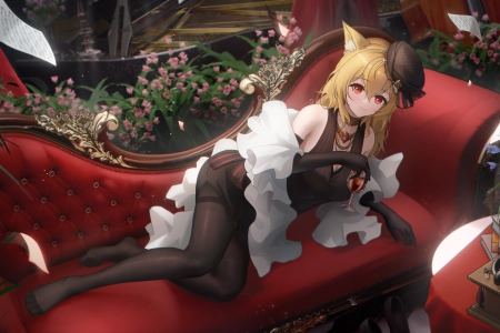 狐狸耳朵 狐耳 红眼睛 金发 动漫 女孩 黑色裤袜 连裤袜 明日方舟 狐狸女孩 狐女 葡萄酒 酒杯 帽子 纸 花 沙发 4K壁纸 5000x2800