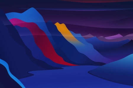 AI艺术 插图 风景 河流 山脉 山谷 五颜六色 夜晚 自然 简单背景 极简主义 星星 水 4K壁纸 6000x3376