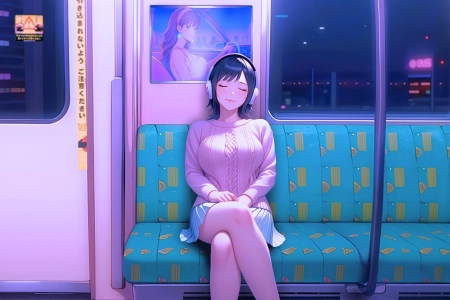 动漫女孩 地铁 霓虹灯 耳机 蓝裙 电脑壁纸 4K壁纸 3840x2160