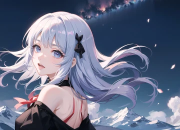 艺术 银发 动漫女孩 云 雪 山 花瓣  电脑壁纸 4K壁纸  4000x2509