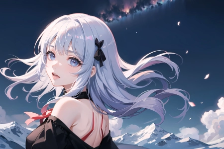 艺术 银发 动漫女孩 云 雪 山 花瓣  电脑壁纸 4K壁纸 4000x2509