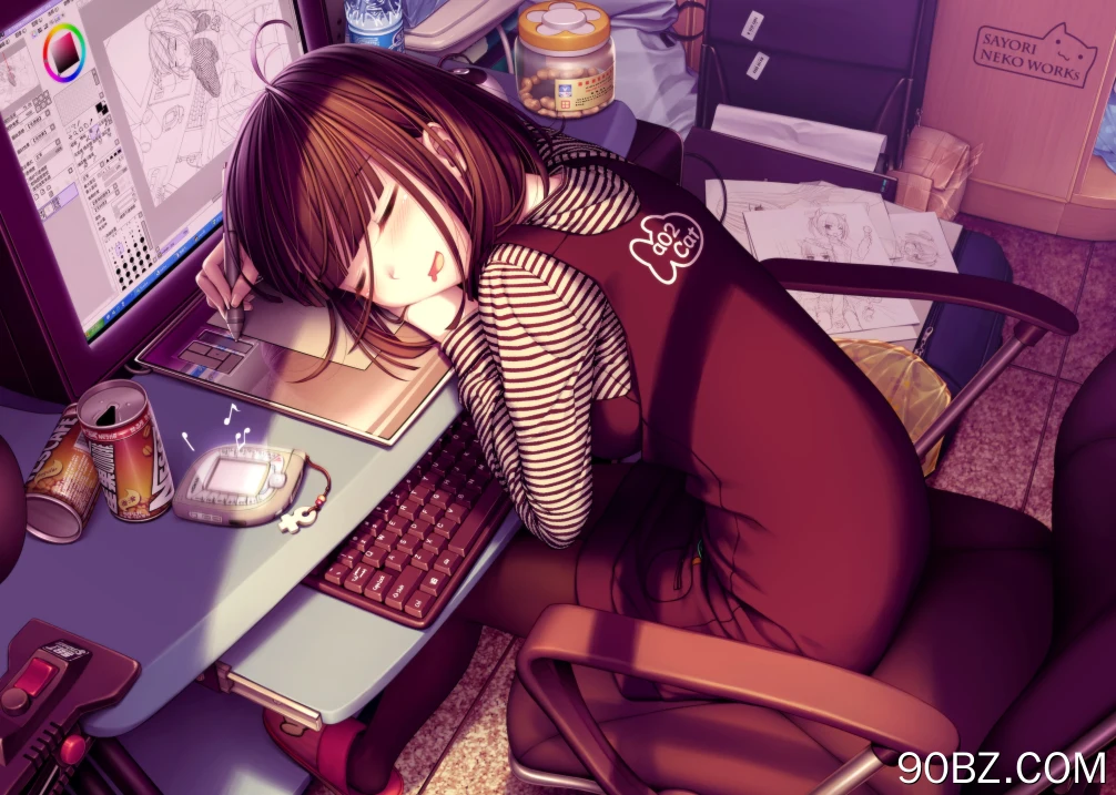 深色头发 原创 人物 动漫 女孩 电脑 平板电脑 睡眠 椅子 AI艺术 绘画 键盘 零食 显示器 素描 罐头 条纹服装 4K壁纸
