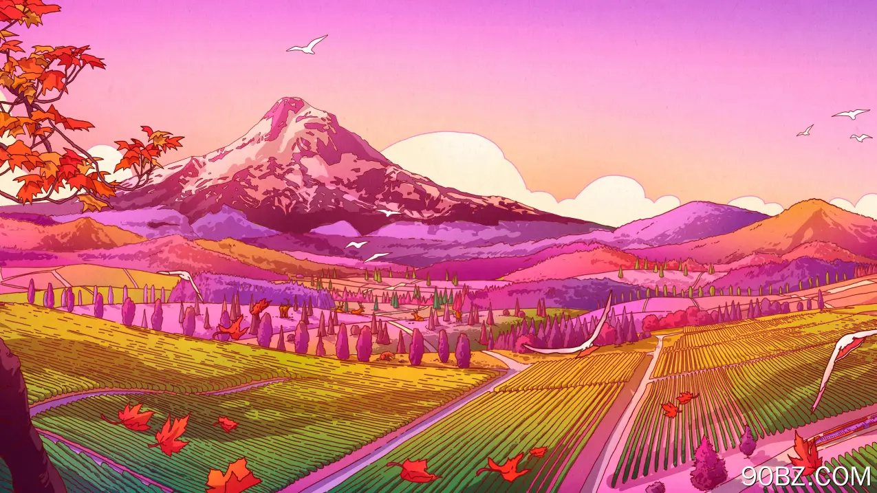 诺奎拉·卡米拉数字艺术插画山景天空树木洋红色田野草地风景4K小径鸟类鹿动物云彩紫色天空树叶渐变枫叶雪景