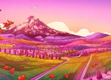 诺奎拉·卡米拉数字艺术插画山景天空树木洋红色田野草地风景4K小径鸟类鹿动物云彩紫色天空树叶渐变枫叶雪景  3840x2160