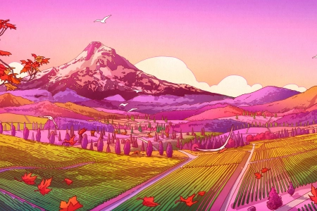 诺奎拉·卡米拉数字艺术插画山景天空树木洋红色田野草地风景4K小径鸟类鹿动物云彩紫色天空树叶渐变枫叶雪景 3840x2160