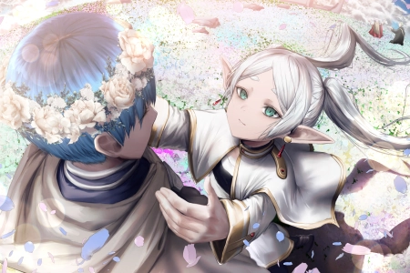 白发 长发 短发 蓝头发 绿眼睛 动漫 尖耳朵 花冠 动漫女孩 阳光 耳环 动漫男孩 花朵 花瓣 云 风 田野  电脑壁纸 4K壁纸 6000x3375