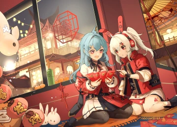  女孩 兔子耳朵 新年 红包 兔子 剪纸 中国新年 福贴 动漫女孩 星眼 耳机  电脑壁纸 4K壁纸  5760x3240