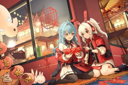  女孩 兔子耳朵 新年 红包 兔子 剪纸 中国新年 福贴 动漫女孩 星眼 耳机  电脑壁纸 4K壁纸 5760x3240
