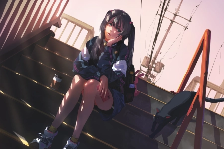 大腿 深色头发 目光远离 动漫女孩 楼梯 双尾 猫 影子  电脑壁纸 4K壁纸 4000x2250