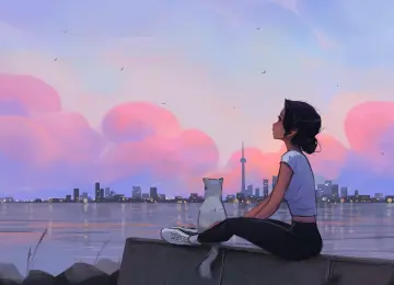 女孩 女人 云 猫 湖 暮色 天空 水 城市 动物 建筑 鞋子 城市灯光 AI艺术 4K壁纸  3840x2160