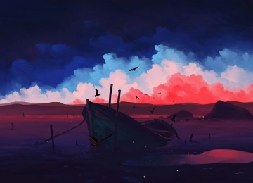 猫拿铁、小船、天空、云朵、小鸟、水、动物、数字艺术、水坑  3840x2160